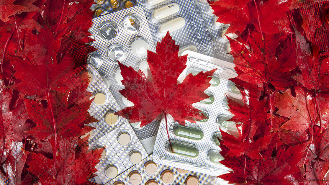 Canadian flag with opioid drugs